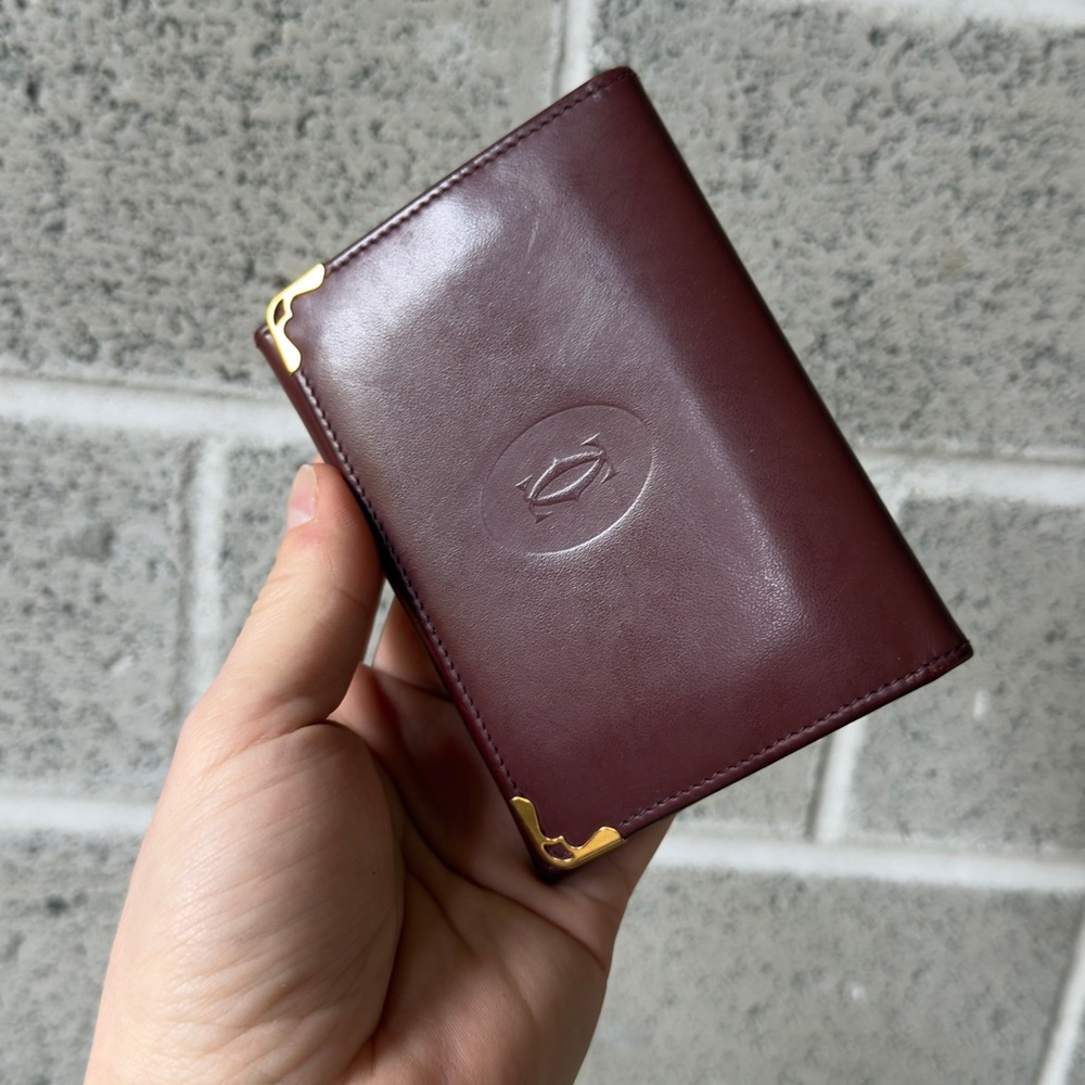 Cartier Leather Card Holder with Embossed Logo and Gold Corners - Burgundy
